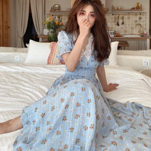 New 2021 Spring Lace Chiffon Korean Party Dress Women One-Piece Elegant Puff Sleeve Midi Dress Vintage V Neck Fall Dresses Femme