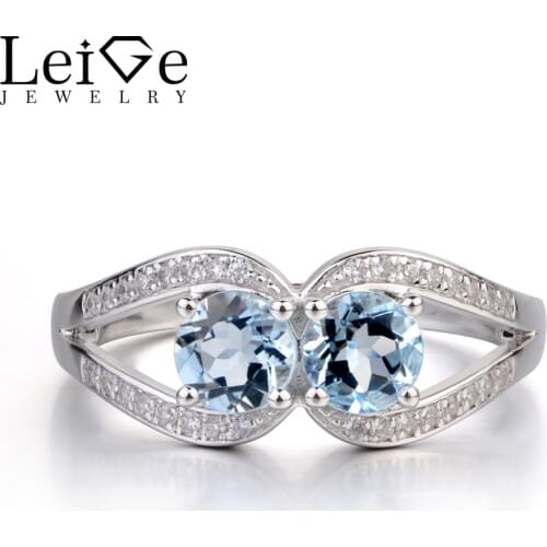 Leige Jewelry Natural Aquamarine Engagement Ring Double Stone Rings for Women Sterling Silver 925 Jewelry March Birthstone