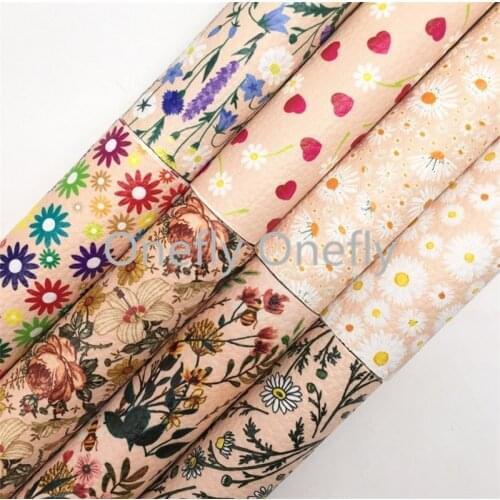 Onefly Wholesales Dropshipping Leather Supplier Daisy Flowers Printed Synthetic Faux Vinyl Leather Fabric For Bow DIY FZ076