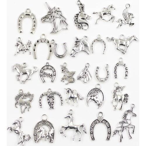 30pcs Charms Fly Horse Lucky Horseshoe Good Luck Unicorn Antique Silver Color Mixed Pendants DIY Findings Tibetan Jewelry Craft
