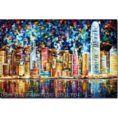 Professional Artist Hand-painted High Quality Colorful Hong Kong Oil Painting on Canvas Abstract Hong Kong Landscape Painting