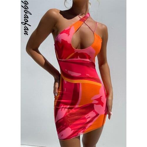 Ggbaofan Sexy Print Irregular Strap Mini Dress Outfits For Women Club Party Fashion Bodycon Dresses Clothes 2021 Autumn