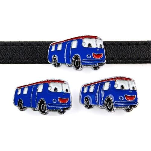 8mm Blue School Bus Slide Charms Flat Hole Enamel Beads Keeper Fit 8mm Stainless Steel Mesh Bracelets DIY Jewelry Making