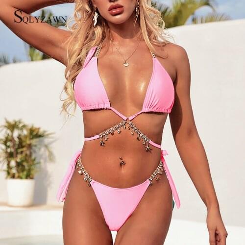 Rhinestone Glitter Bikini Mujer 2019 Bandage Swimwear Women Lace Up Two Pieces Swimsuit Female Summer Bathing Suit Bikini Set