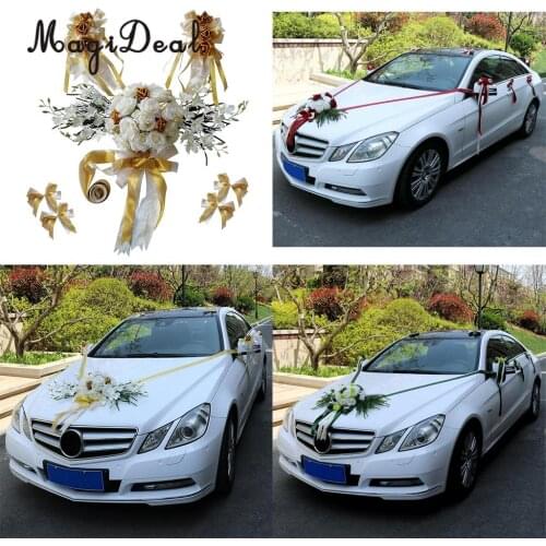 MagiDeal 12pcs/Set Wedding Car Decorations Kit DIY Artificial Silk Flower Ribbon Bows Car Roof Door Mirror Wedding Supplier