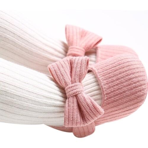 Cotton Kintted Bow Toddler Infant Shoes Cute Newborn Baby Girls Shoes Moccasins Soft Soled Non-slip Crib Shoes With headwear
