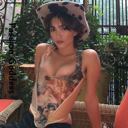 Vintage Women Oil Painting Cropped Tops Sleeveless Slim Irregular Party Crop Tops Low-cut Tubes Square Collar Tank Vest Femme