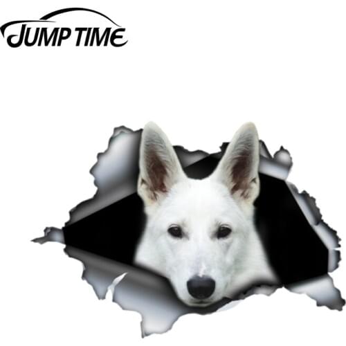 Jump Time 13cm x 8.9cm White German Shepherd car decal 3D Pet Graphic Vinyl Decal Car Window Bumper Car Stickers