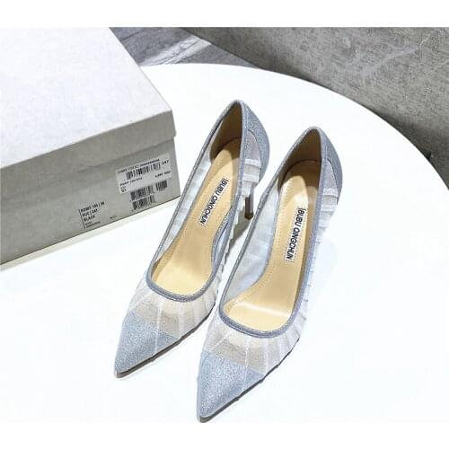 2021 summer new style fashion women pumps black silver lace strass pointy toe stiletto High heels bride wedding shoes