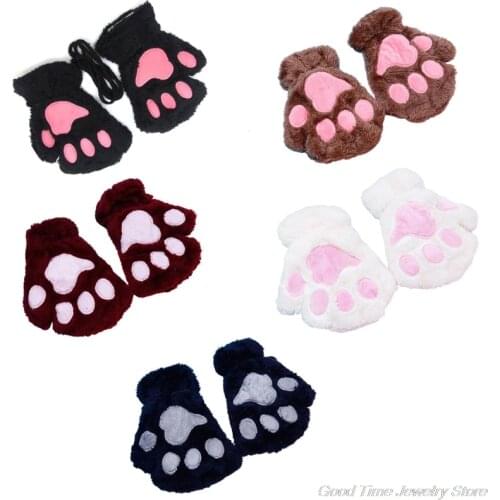 Women Winter Warm Half Finger Gloves Cute Cartoon Cat Paw Embroidery Anime Kitten Thicken Fuzzy Plush Fingerless Mittens F19 21