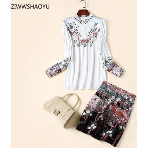 Ziwwshaoyu 2021 Summer Woman Fashion O-Neck Floral Print Long Sleeve shirt + Floral Print Crystal Slim Mini Skirt 2 Piece Set