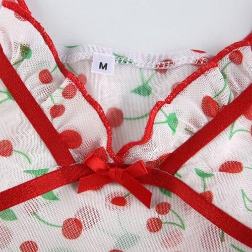Y166 Women Sexy Ruffles Sleeveless Crop Top Sheer Mesh Cherry Print Bow Camis Vest