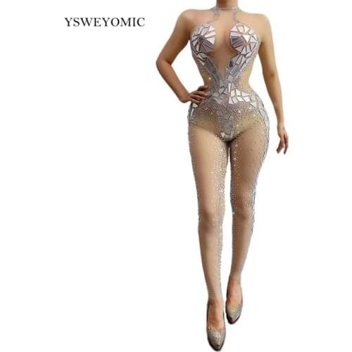Dance Jumpsuit Silver Rhinestones Mirror Transparent Jumpsuit Women Dancer Show Outfit Leggings Prom Birthday Wear See Through