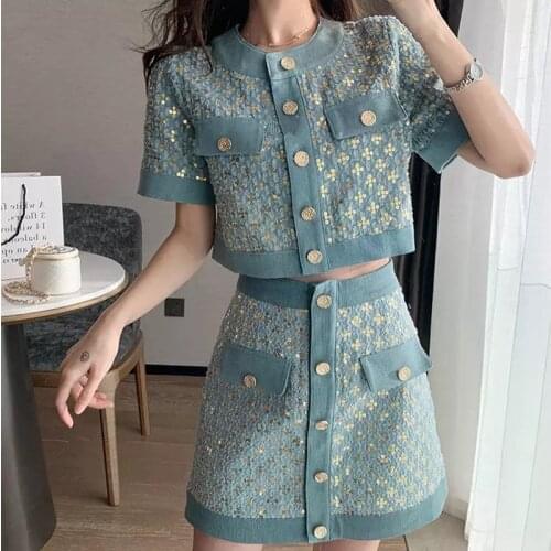 High Quality Summer Sequined Embroidery Tweed Two Piece Set Women Short Sleeve Jacket Coat Top+Mini Skirt Suit Vintage Femme Set