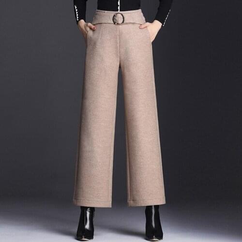 2019 New Fall Winter Fashion Womens Female Elastic High Waisted Beige Black Woolen Pants , Autumn Wool Trousers for Women