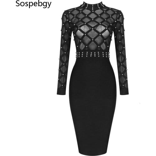 2020 New High-quality Womens Sexy See-through Grid Beaded Bodycon Bandage Dress Vestidos Celebrity Runway Party Dresses