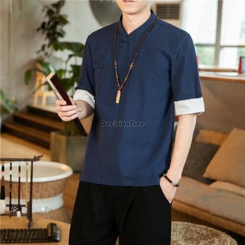 2021 male japanese korea style medium sleeves chef cook uniform waiter work wear restaurant modern cotton and linen fabric top