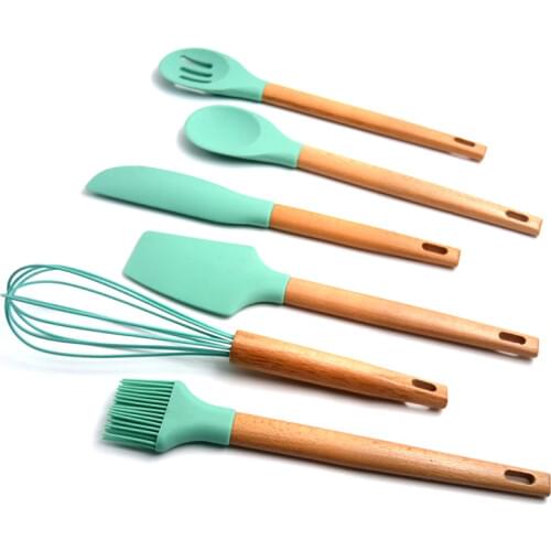 6Pcs/Set Silicone Wood Cooking Tool Sets Spoon Egg Beater Scraper Oil Brush Kitchenware Kitchen Utensils Set Baking Tools
