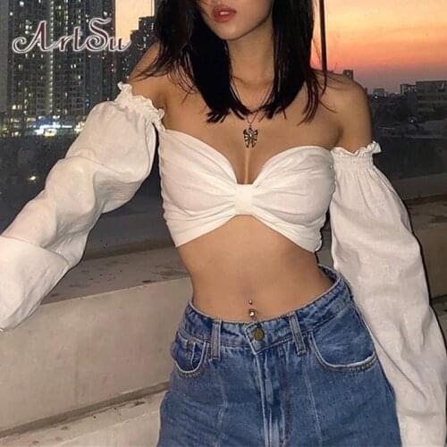 ArtSu Ruched Bow Women White Shirts Crop Top Puff Long Sleeve Off Shoulder Shirt Elegant Party Streetwear 2021 Club TS52687