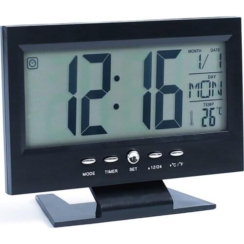 Digital clock Thermometer student bedside alarm clock voice control sleepy back light creative electronic clock (black)