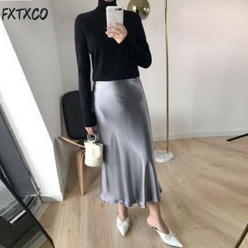Elegant Silver Satin Skirt Saia Mujer Faldas Ankle Length Casual Vintage Office Lady Lady Skirt Custom Made