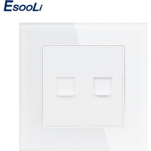 Esooli White Luxury Crystal Glass Panel 1 Gang RJ11 Telephone With RJ45 Internet Jack CAT6 Connector Computer Outlet Socket