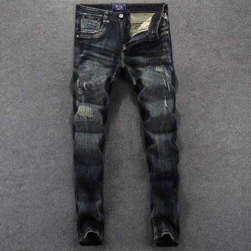 European Vintage Fashion Men Jeans Retro Black Blue Elastic Slim Fit Ripped Jeans Men Embroidery Designer Casual Denim Pants