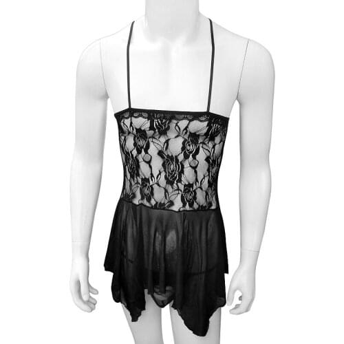 Mens Sissy Dress Set Transparent Nightwear Exotic Sheer Dresses Sissy Panties Lace See-Thru Mesh Sissy Skirt set