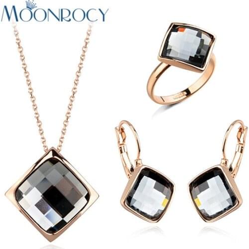MOONROCY Rose Gold Color Crystal Necklace Earrings and Ring Jewelry Sets Geometryfor women Girls Gray Brown Crystal Sets Gift