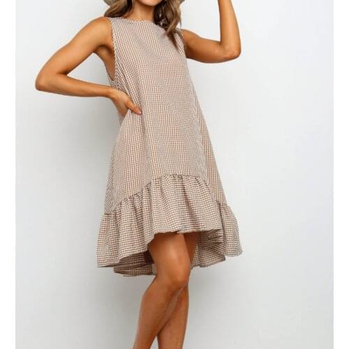 Summer Beach Sexy Fashion Womens Dress Sleeveless Plaid Loose Ruffled Bohemian Front Short Back Long Holiday Dress