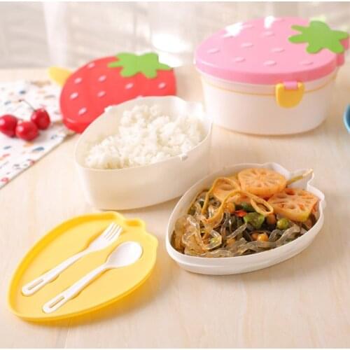 Lovely Strawberry Lunch Box Food Container Storage Box Portable Kids Student Lunch Box Bento Box Container With Spoon Fork