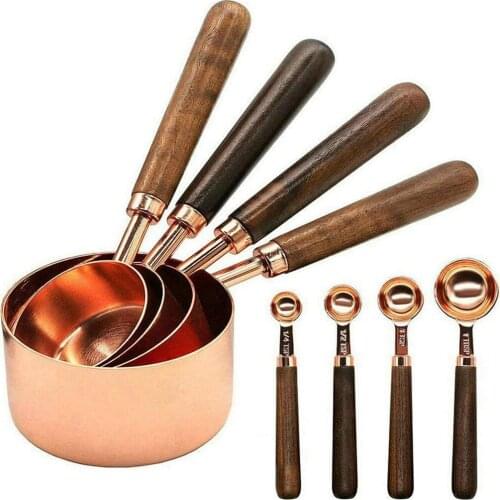 Copper-Plated Stainless Measuring Spoons Cups Set 4pcs Accurate Scale Gauge Walnut Handle Flour Beans Sugar Reading Sign