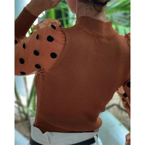 New Women Polka Dot Sheer Knitted T-shirt Tops Long Sleeve Autumn Shirts See through Sheer Mesh T-Shirts