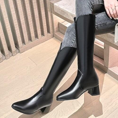 Autumn Women Boots Fashion PU Leather Knee High Boots Square Low Heel Long Boots Zipper Winter Female Shoes Casual Large Size