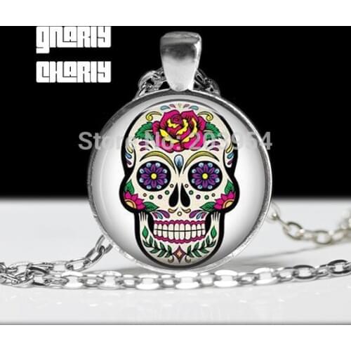 Steampunk handmade Necklace movie with SUGAR SKULL 1pcs/lot bronze or steel Glass mens Pendant jewelry womens best friend gift
