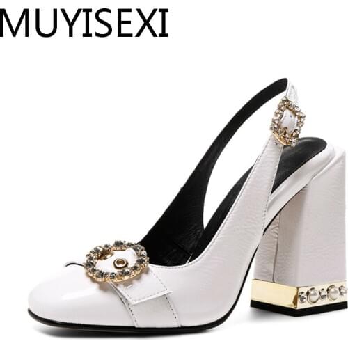Slingbacks 9cm High Heels Women Sandals Full Genuine leather Crystal Buckle Elegant Party Wedding Shoes plus size GGM01 MUYISEXI
