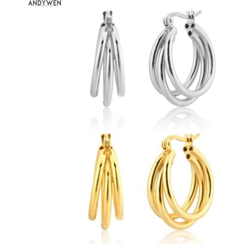 ANDYWEN Spring 925 Sterling Silver Gold Three Circle Big Hoops Piercing PendienteLoops 20mm Large Thicker Hollow Fine Jewelry