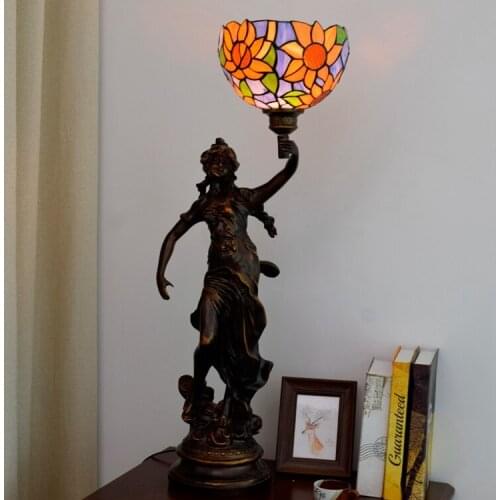 Modern Blue sun flower girl angel goddess LED light Tiffany stained glass living room bar hotel bedroom bedside table lamp