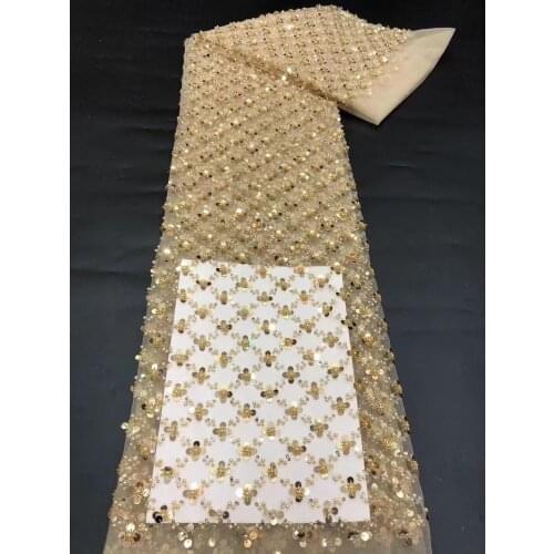 5yards/pc) Wonderful tube beads and sequins embroidered French net lace gold African wedding tulle lace high quality FZZ123
