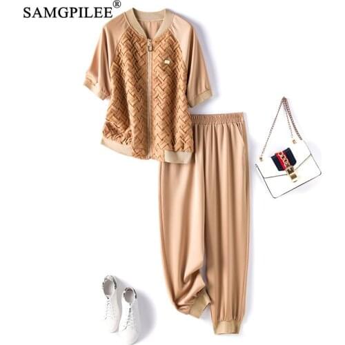 Womens Clothing 2021 New Short Sleeve Casual Zipper Stand Collar Elastic Waist Print Summer Two Piece Sets For Women Plus Size