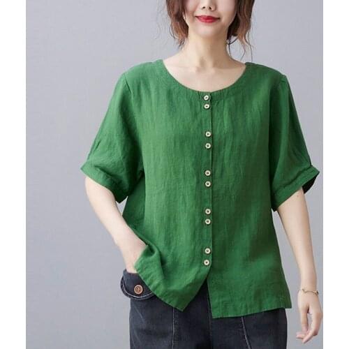 Women Cotton Linen Casual Shirts New Arrival 2021 Summer Simple Style Vintage Solid Color Loose Female Short Sleeve Tops S3850