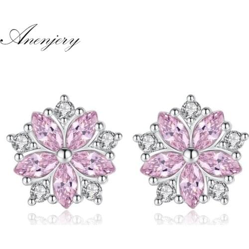 ANENJERY 925 Sterling Silver Pink Clear Crystal Zircon Cherry Blossom Flower Stud Earrings For Women Girl brincos S-E566