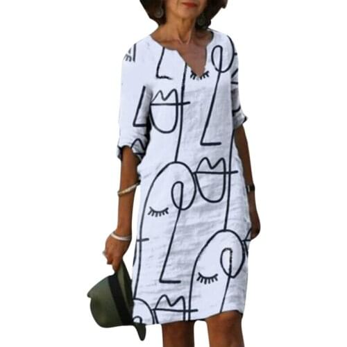 Vintage Abstract Face Printed Dress Women 2021 Summer V-Neck Half Sleeve Dresses Spring Casual Loose Female Vestido Hot Sale