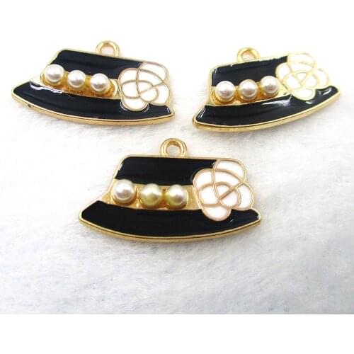 10pcs/lot 14*23mm Black Hat Imitation pearl rose Metal Enamel Charms DIY Pendant For your charm bracelets necklace fitting XL447