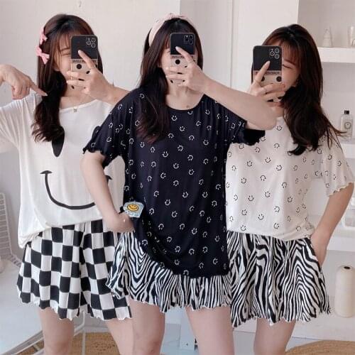 2021 Summer Short Sleeve Shorts Modal Print Pajama Sets for Women Loose Sleepwear Suit Pyjama Homewear Pijama Mujer Home Clothes