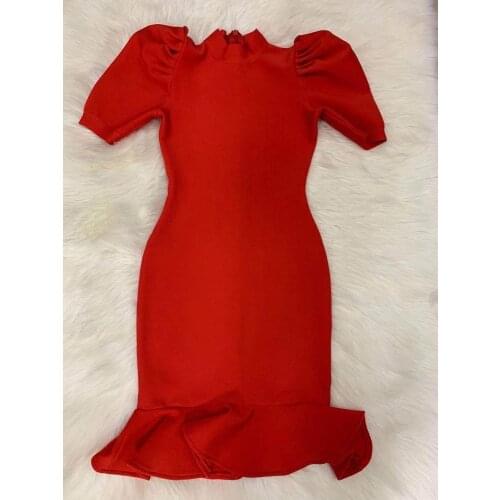 2021 New winter christimas women red blue hot pink black light pink short sleeve ruffles bandage dress Party Dresses