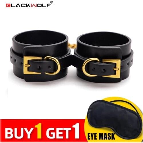 BLACKWOLF PU Leather Bondage Handcuffs Sexual Wrist Restraints Belt Gold Chain Adult Products BDSM Sex Toys for Women Couples