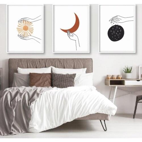 Line Drawing Canvas Print Celestial Line Art Painting Line Hands Poster Sun Moon Stars Fine Art Wall Art Pictures Bedroom Decor