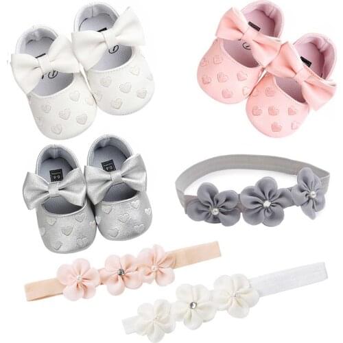 Baby Baptism Shoes and Headband Set Cute Heart Princess Dress Shoes and Flower Hairband for Infant Newborn Girls 0-18M