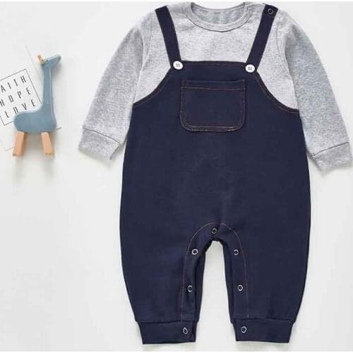 Spring Boy Romper Denim Stitching Suit Casual Fake Two-piece Climbing Striped Overalls Baby Boy Clothes Outfit